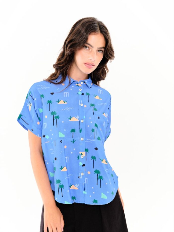 Camisa Sandal Palmeras Azul Celeste