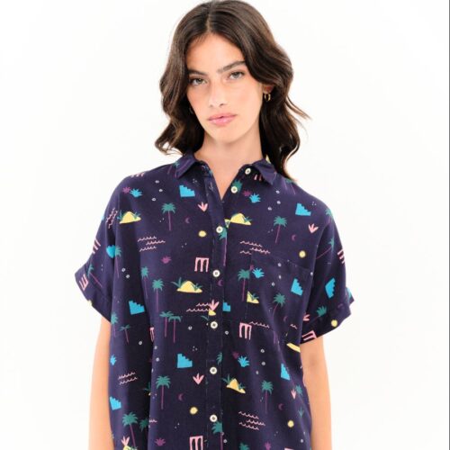 Camisa Sandal Palmeras Azul Marino