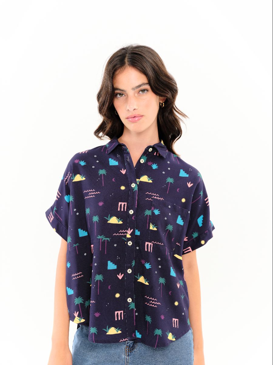 Camisa Sandal Palmeras Azul Marino